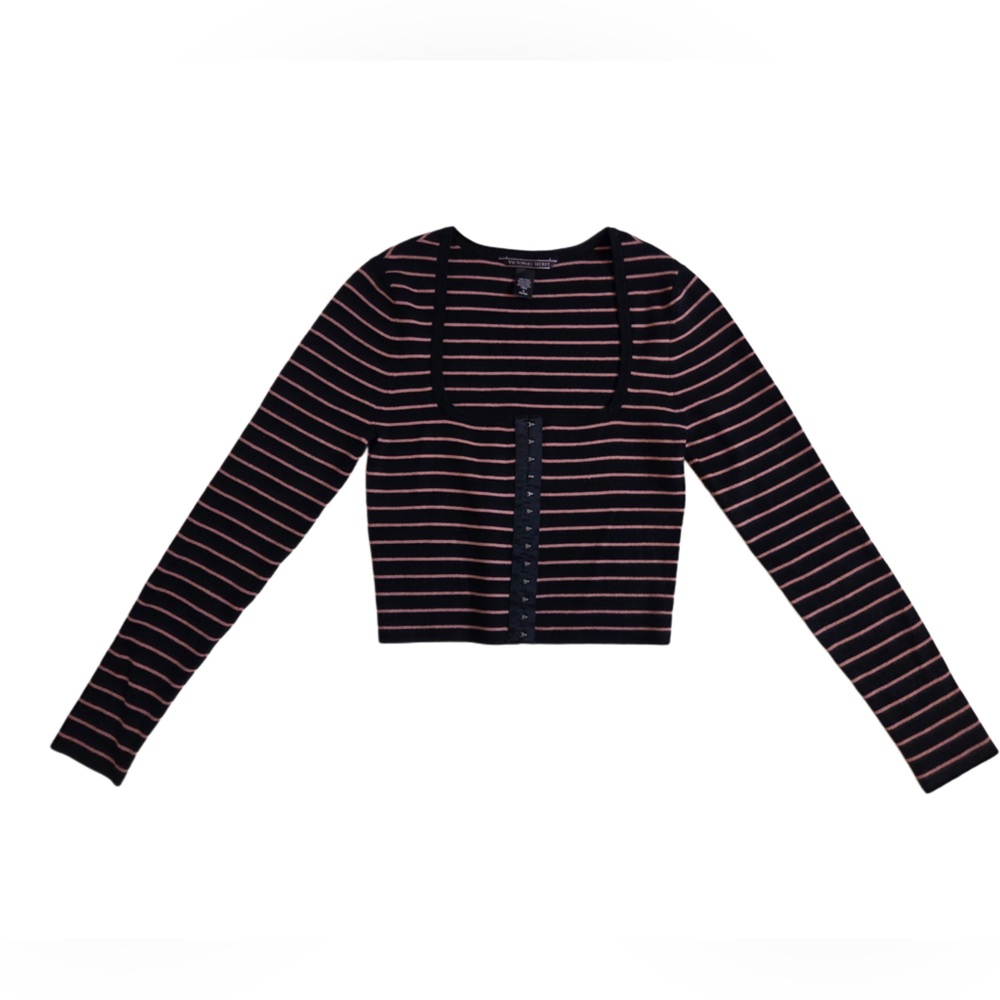 Victoria's Secret Black and Pink Striped Corset Fit Long Sleeve Top